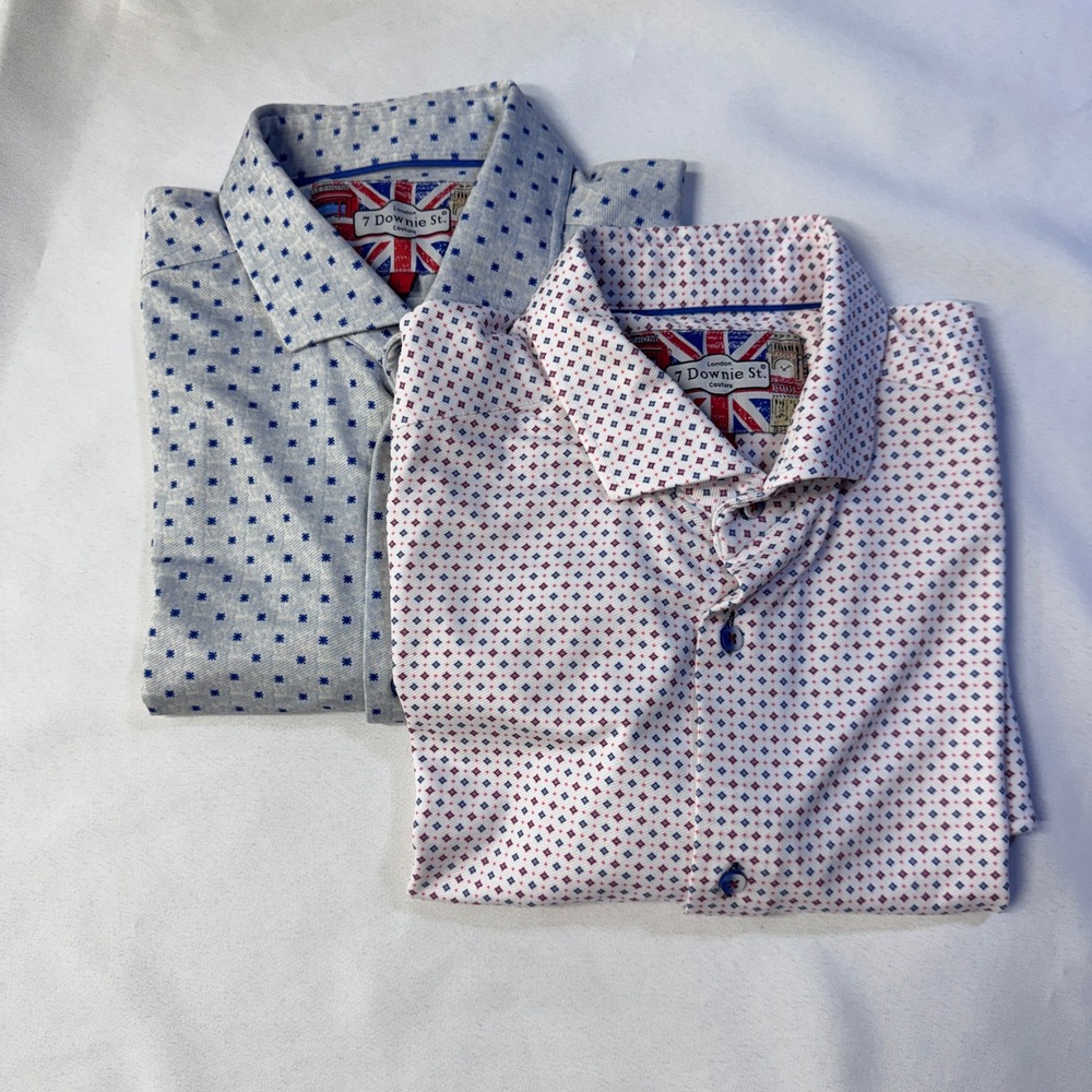 7 Downie St Button Down Shirt Mens L Blue Geometric Short Sleeve British Couture